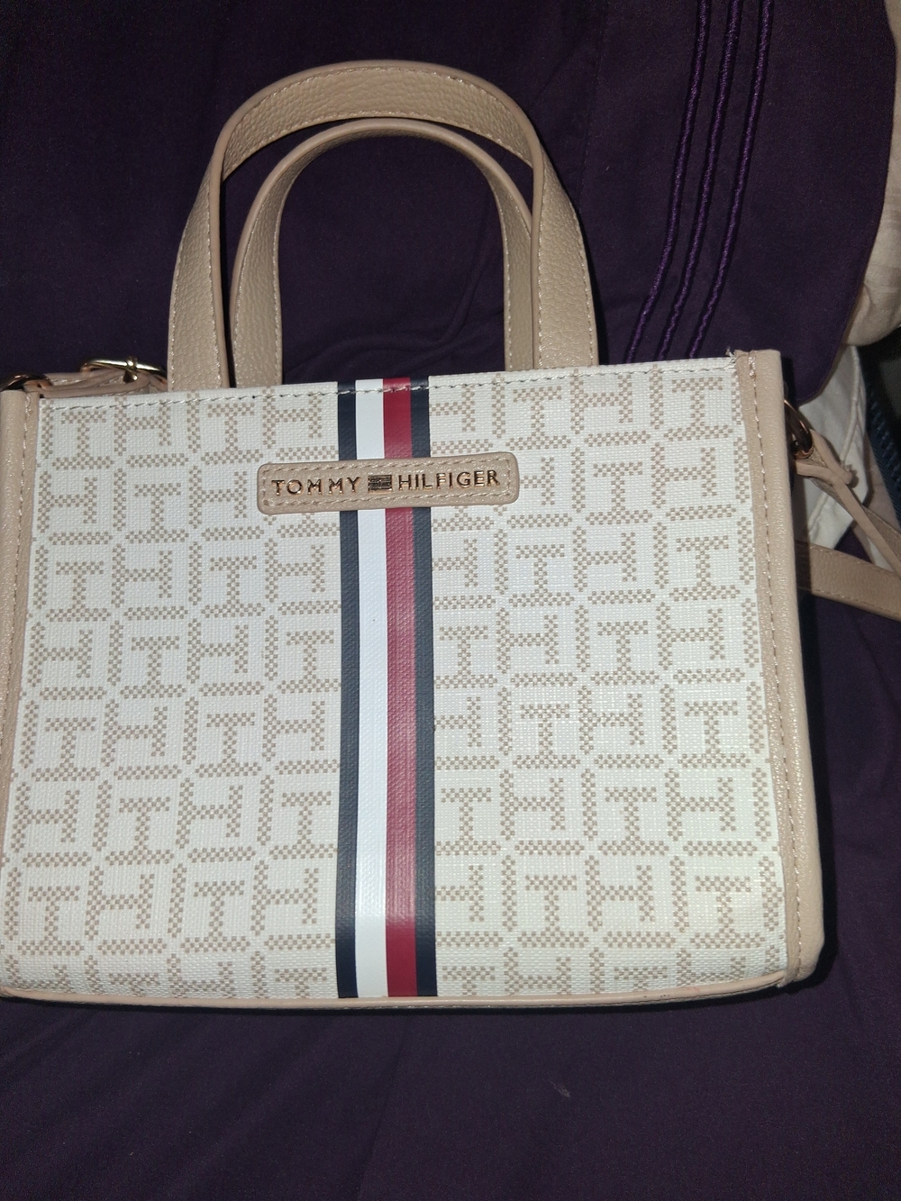 Tommy Hilfiger Beige Satchel with Navy-Red-White Stripe
